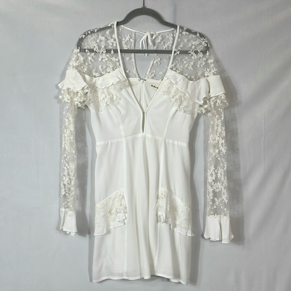 For Love & Lemons Dress XS Long Sleeve White With Delicate Lace Mini EUC